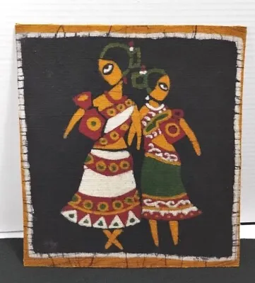 $75 • Buy Vintage Madhubani Indian Painting Cotton Board Canvas Handmade Folk Art 11x10 