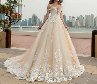 Luxury Wedding Dresses Off The Shoulder Lace Appliques A-line Bridal Gowns Train • $152.90