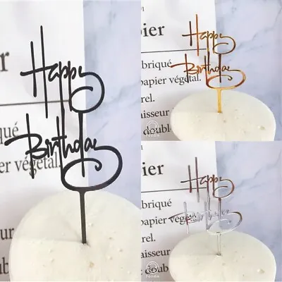 Acrylic Cake Topper Happy Birthday Black Gold Silver Party Decoration Design • £2.49