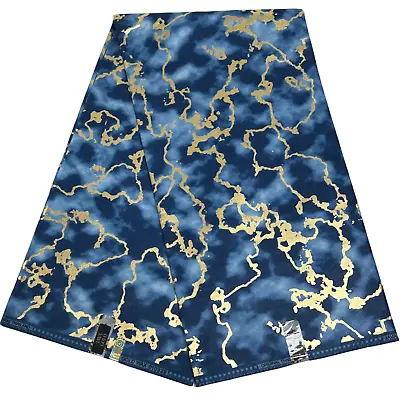 African Fabric Marble Print 100% Cotton Blue Gold Embellished Quality Material • £64.98