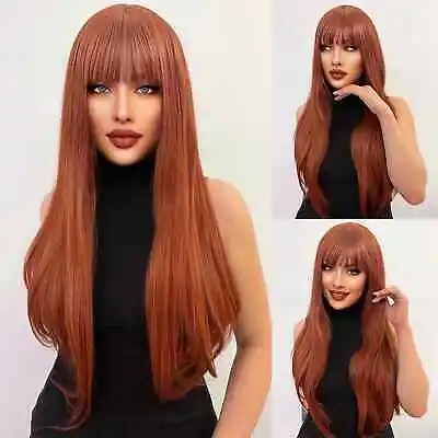 Copper Red Cosplay Wig With Bangs Long Straight Synthetic Hair Heat Resistant • £12.99