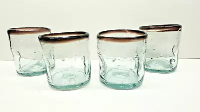 Vintage Set Of 4 Hand Blown Purple Rim Mexican Glass Rocks Glasses 3.5  • $45