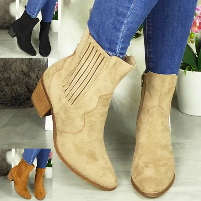 Ankle Cowboy Boots Shoes Ladies Zip Heel Western Faux Suede Calf Womens Size • £23.99