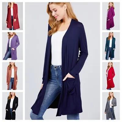 $16.99 • Buy Women's Jersey Knit Open Front Knee Length Long Sleeve Cardigan W/ Pockets S-3X