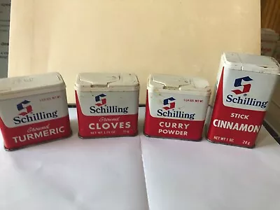 Vintage Schilling Spice Tins Lot Of 4 - Cloves Curry Powder Cinnamon Turmeric • $8