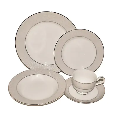 MIKASA NEW Parchment 5-Piece Place Setting Gray Platinum Floral Edge • $29.99