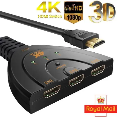 4K X 2K HDMI Switch 1.4b 4K Switcher HDMI Splitter 3 In 1 Out Port Hub - Black • £5.49