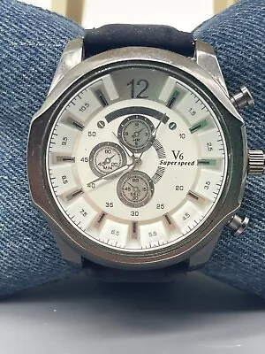 $7.99 • Buy V6 Super Speed Watch V0201 Quartz Black Band Round 51 Mm Case White Dial