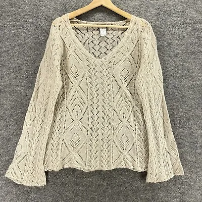 Cabi Sweater Pullover Women L Large Beige Geometric Crochet V-Neck Long Sleeve • $19.43