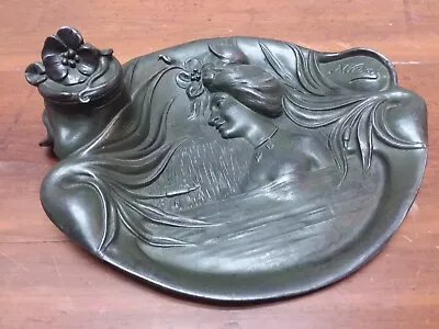 Antique Inkwell  Art Nouveau Lady  Signed N.VIDAL  1910 Wmf Style • $240