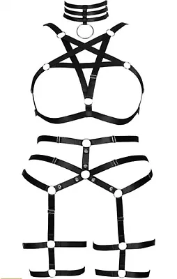 Women Body Harness Pentagram Lingerie Plus Size Hollow Cage Bra Leg Stocking Set • £26.99