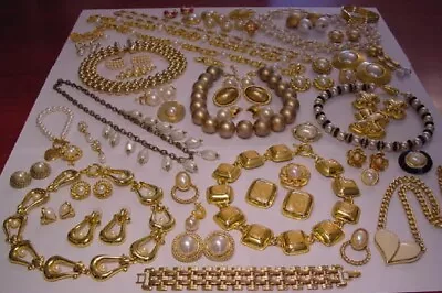 Vintage Chunky Gold Tone Metal & Faux Pearls Costume Jewelry Huge Mod Lot • $335