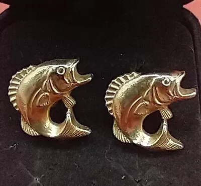 Vintage Big Mouth Bass Fish Cufflnks  Trophy Fishing Gold Tone  • $10.99