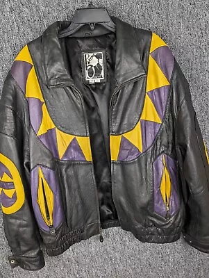 Vintage Bellavia Leather Jacket Mens XXL Black With Yellow Purple Bomber • $149.77