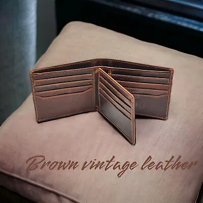 RFID Blocking Brown Vintage Leather Men's Bifold Center Flap Wallet • $16.19