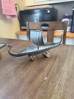 Vintage Norwegian  Bronze Viking Long Boat  With Wood Stand • $37.99