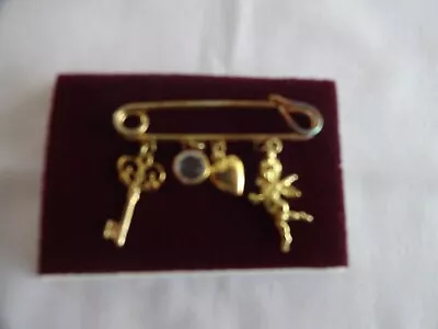 Vintage Gold Tone Safety Pin Charm Brooch Cherub Heart Crystal & Key  52mm • £18