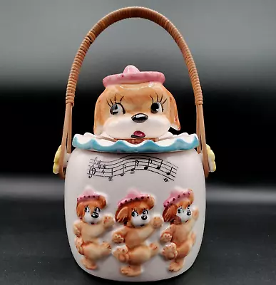 VTG Lipper & Mann Cookie Jar Dancing Dogs With Hats Musical Notes Rattan Handle • $34.20