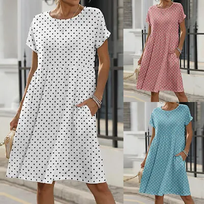 £12.39 • Buy Womens Polka Dot Summer Mini Smock Dress Tops Ladies Casual Loose Shirt Sundress