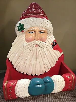 Santa Vintage Hand Carved & Painted Folk Art Wood Christmas Card Holder Box 11” • $33