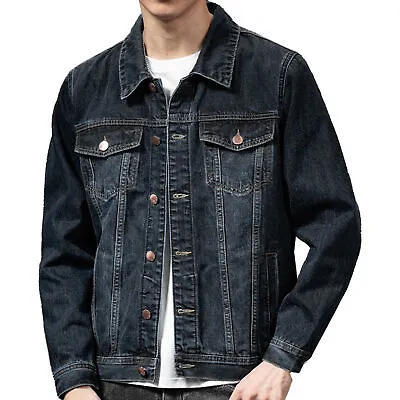 Men Denim Jacket Long Sleeves Multi Pockets Lapel Solid Color Single-breasted • $40.04