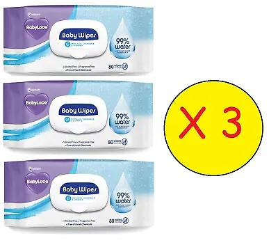Babylove Water Wipes Best Value 3 Pk X 80 Wipes Baby Love 99% Water 240 Wipes • $23.99