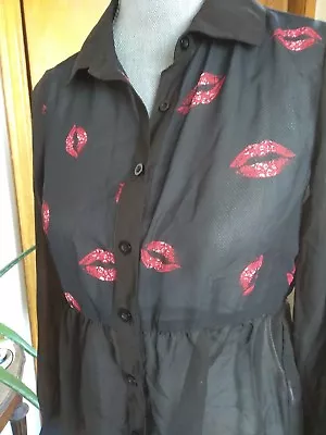 Womens High/Low Black Sheer Material Girl Madonna Lourdes Lips Blouse Sz S - NWT • $14.99