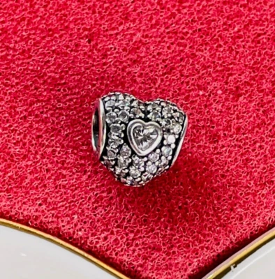 £15 • Buy PANDORA  In My Heart  Pave CZ Triple Heart Bead Charm Sterling Silver 791168CZ