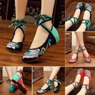 £12.59 • Buy Women Chinese Embroidered Floral Flat Shoes Ladies Cotton Floral Mary Jane Gifts
