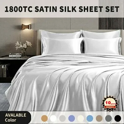 $5.51 • Buy Silk Satin 1800TC  Sheet Set Flat Fitted Sheet&Pillowcase Double Queen King 4Pcs