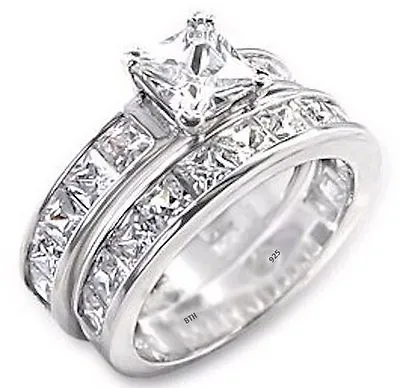 $80.48 • Buy 925 Silver 2 Piece Princess Cut Lab Diamonds Wedding Engagement Bridal Ring Set