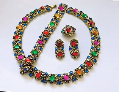 Vintage Mughal Multicolor Gripoix Poured Glass Necklace Earrings Bracelet Button • $350