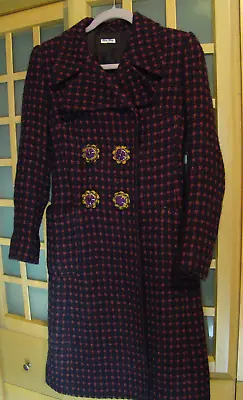 Miu Miu Purple Tweed Virgin Wool Coat Floral Art Snap Buttons Size S 38 Italy • $250