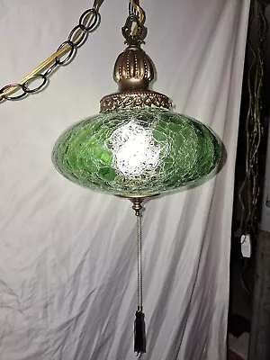 Vintage Green Crackle Swag Lamp Hanging Retro Hollywood Regency Antique Light... • $299.99