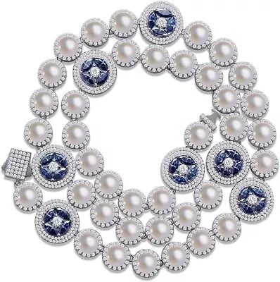 12.25ct White & Blue Moissanite Pearl Choker 20  Necklaces Sterling Silver • $529.99