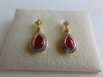 Diamond Ruby Dangling Earrings 18 Carat Yellow Gold All Natural Stones Pear • £595
