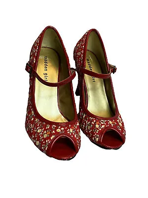 Madden Girl Red Mollyyy Floral Peep Toe Heels Shoes Size 8 Vintage Style • $17.99