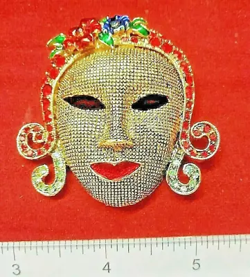 MASK Gold -  Plated  New Vintage Deco Style Crystal And Enamel Face Mask BROOCH • £9.99