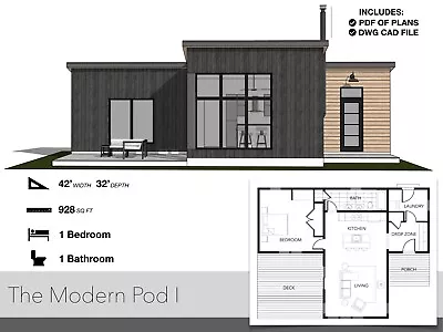 928 SQ FT Tiny House 42'-0  X 32'-0  Cabin Floor Plans Modern House Plans • $28