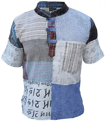 Mens Kathmandu Printed Patchwork Grandad Short Sleeve  Festival Kurta Shirt Top • £21.99