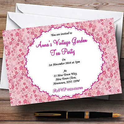 Pink Floral Vintage Garden Tea Party Personalised Party Invitations • £9.99