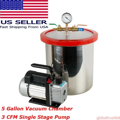 $189 • Buy US FDA 5 Gallon Vacuum Chamber Silicone Degassing Epoxy 1/4HP 3CFM Pump Hose Kit