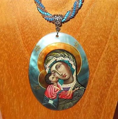ICON Vladimir Mother Of God Hand Painted UNIQUE SHELL Pendant Beaded Necklace  • £44.99