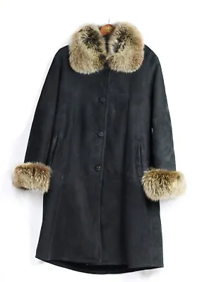Black Genuine Full Shearling Fur Lined Suede Leather Coat Raccoon Trim Size 8-10 • $99.99