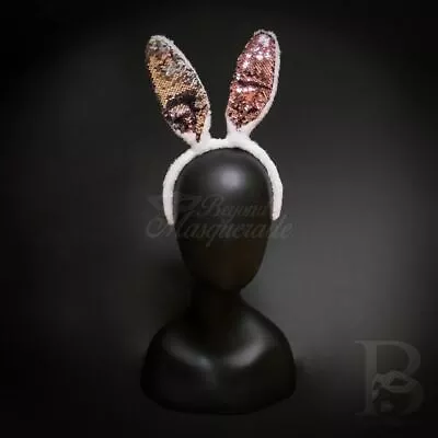 Party Ears And Headbands | White Rabbit Bunny Ears Pink Silver Sequins Halloween • £18.34