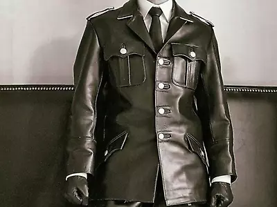 Men's German Police Leather Jacket WW2 Leather Tunics Shirt Style Leather Jacket • $258.97