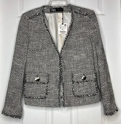 NEW NWT Woman ZARA Black White Tweed Fray L/s Blazer Jacket Small Button Pockets • $39.50