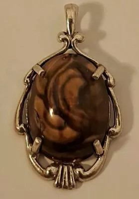 Vintage KABANA Sterling Silver Brown Stone Necklace Pendant 1 3/16  NICE • $25