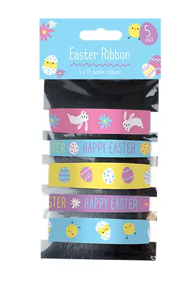 5x EASTER RIBBON 1.5m Cake & Gift Decoration Chick Egg Bunny Happy Easter Print  • £2.99