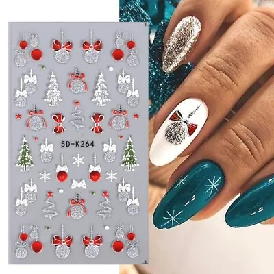 5D Nail Art Stickers Decals Embossed Christmas Tree Snowflakes Baubles Bows K64S • £2.95